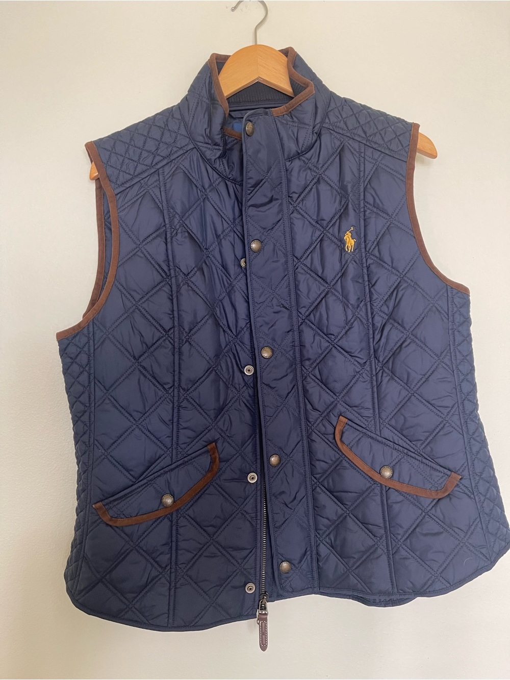 Ralph Lauren Navy Quilted Vest with Brown Trim